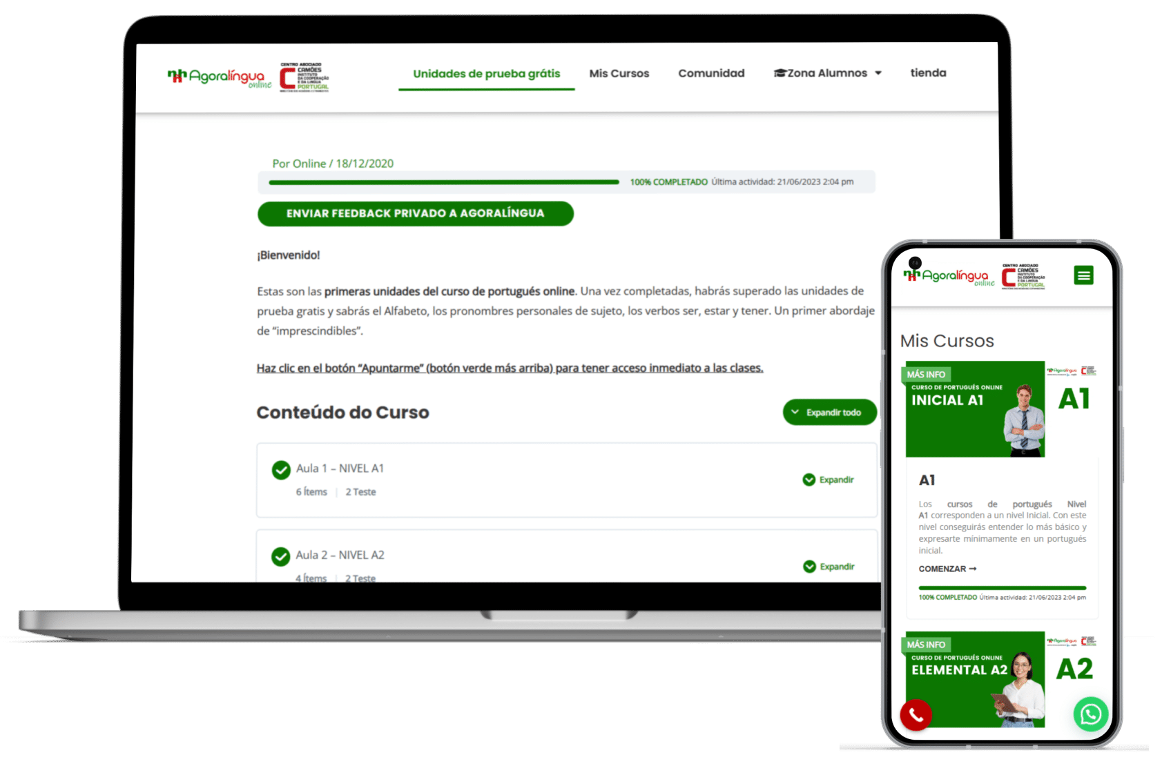 plataforma de cursos de portugués online en ordenador y móvil